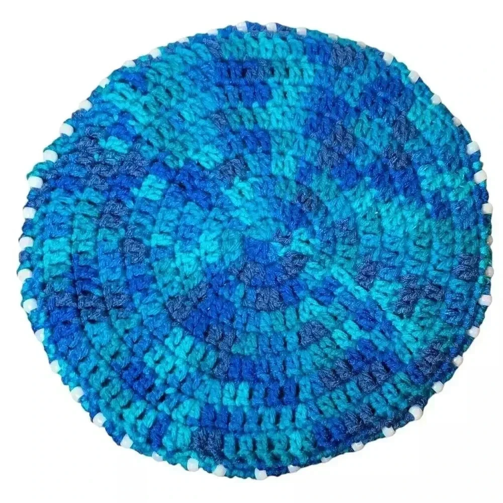 Beaded Beret Hat Women Size Adult Multicolor Blue White Crochet Warm Embellished